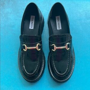 Steve Madden Black Patent Loafers with Gold Accent